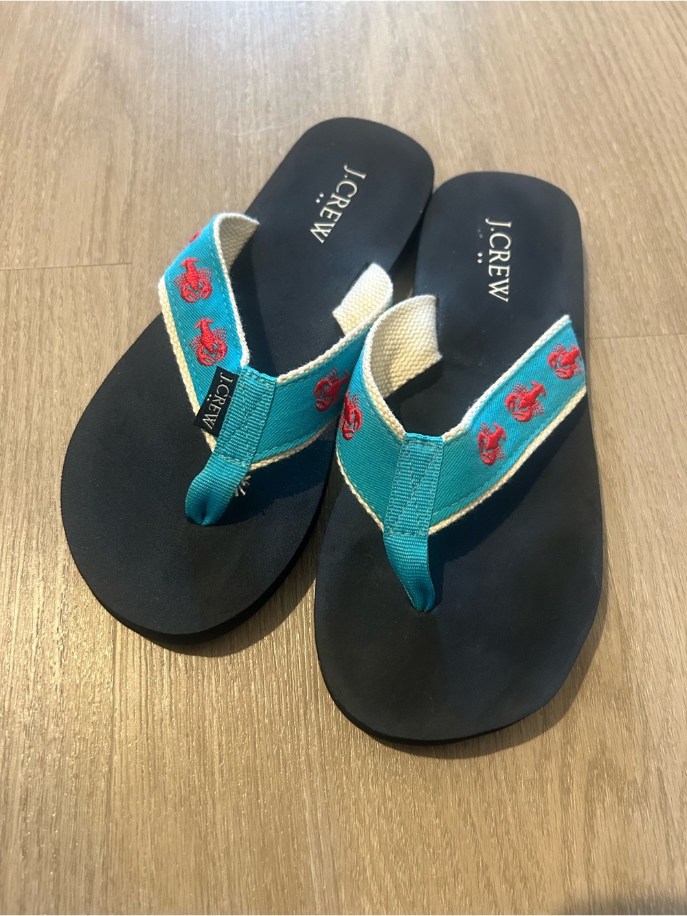 J. Crew Factory Teal Flip Flops with Red Lobster Embroidery